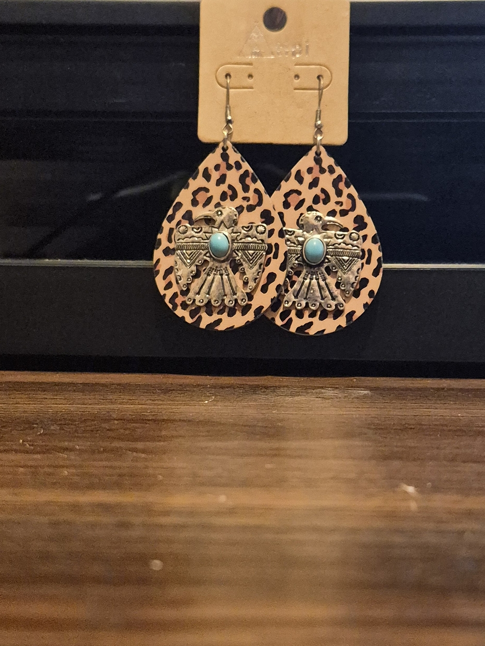 Leopard Teardrop Thunderbird Earrings with Turquoise Accent - Women Jewelry NWT - Picture 4 of 6